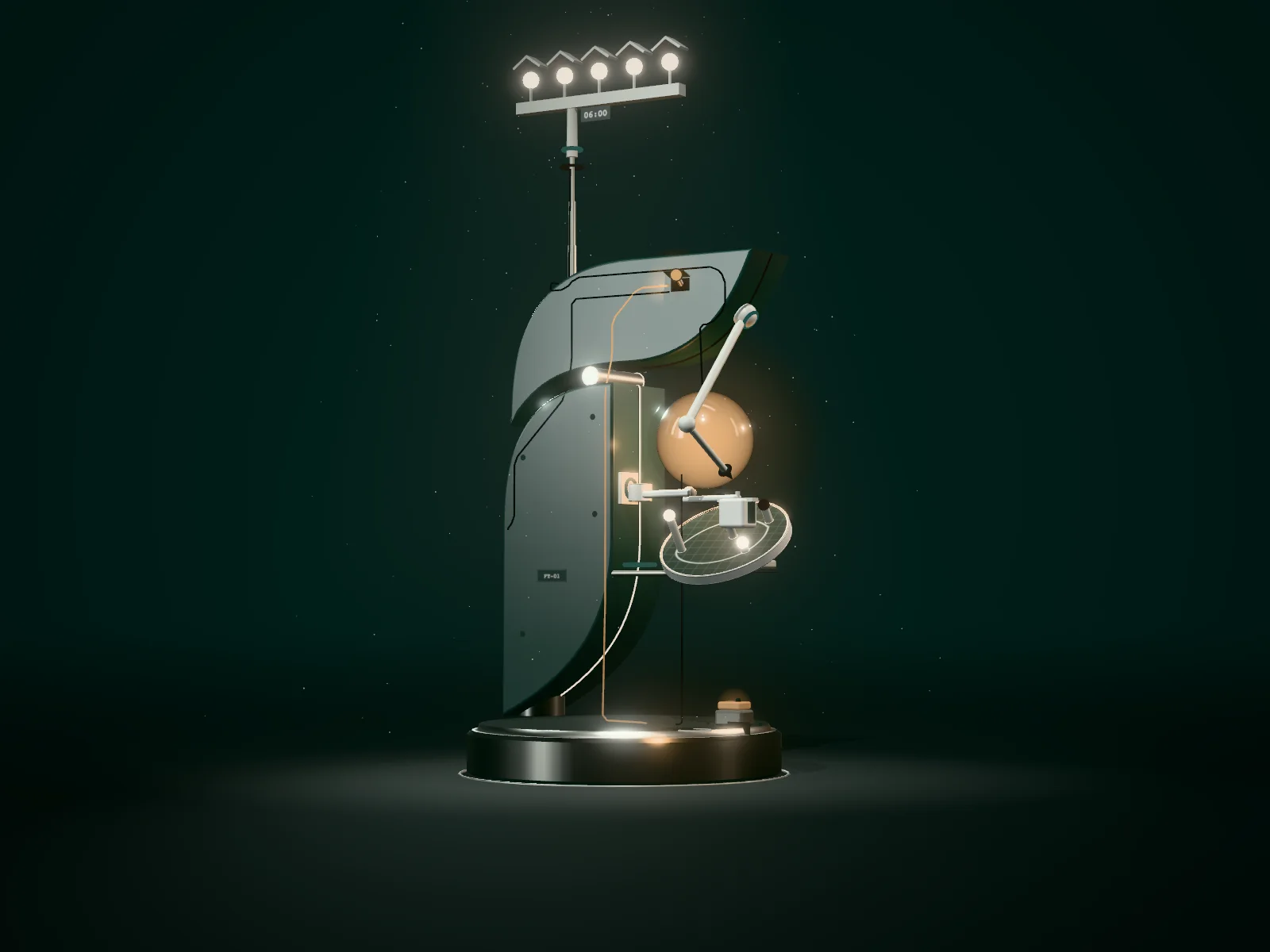 The Fettler agent, assembled for multi-site consumer operations: store lamp row, stock probe, site map disc and transfer arm.