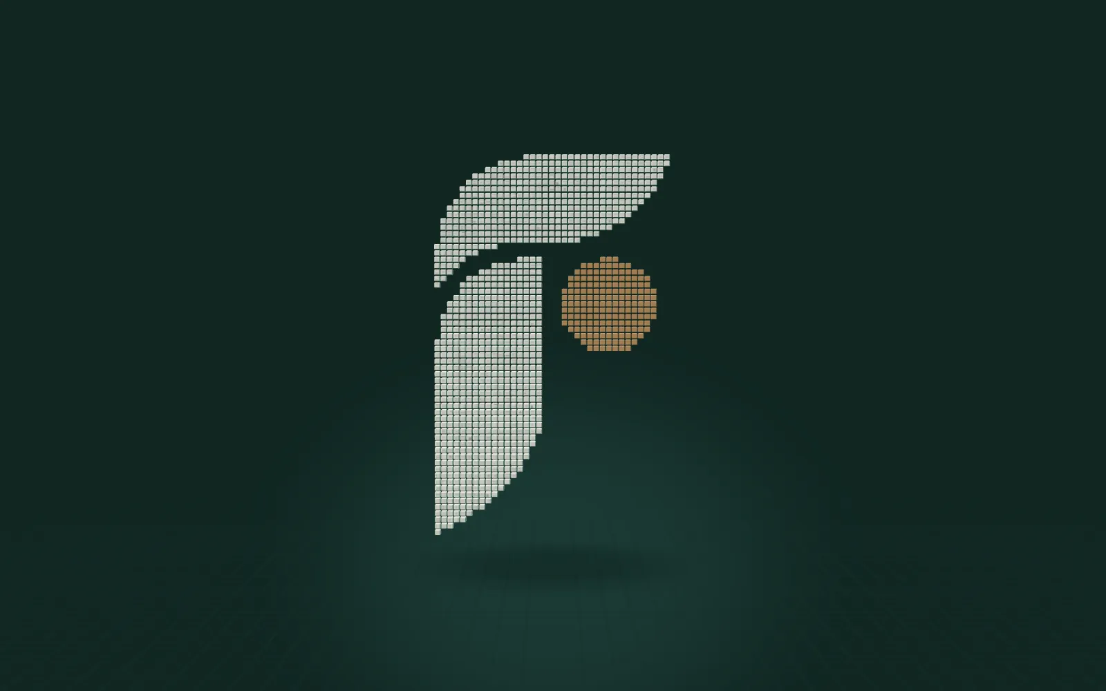The Fettler F mark built from flat paper tiles, its dot in warm tan.