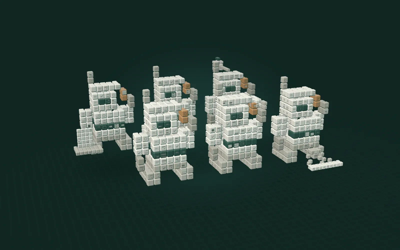Six small machines in two staggered rows, each fitted with a different tool.