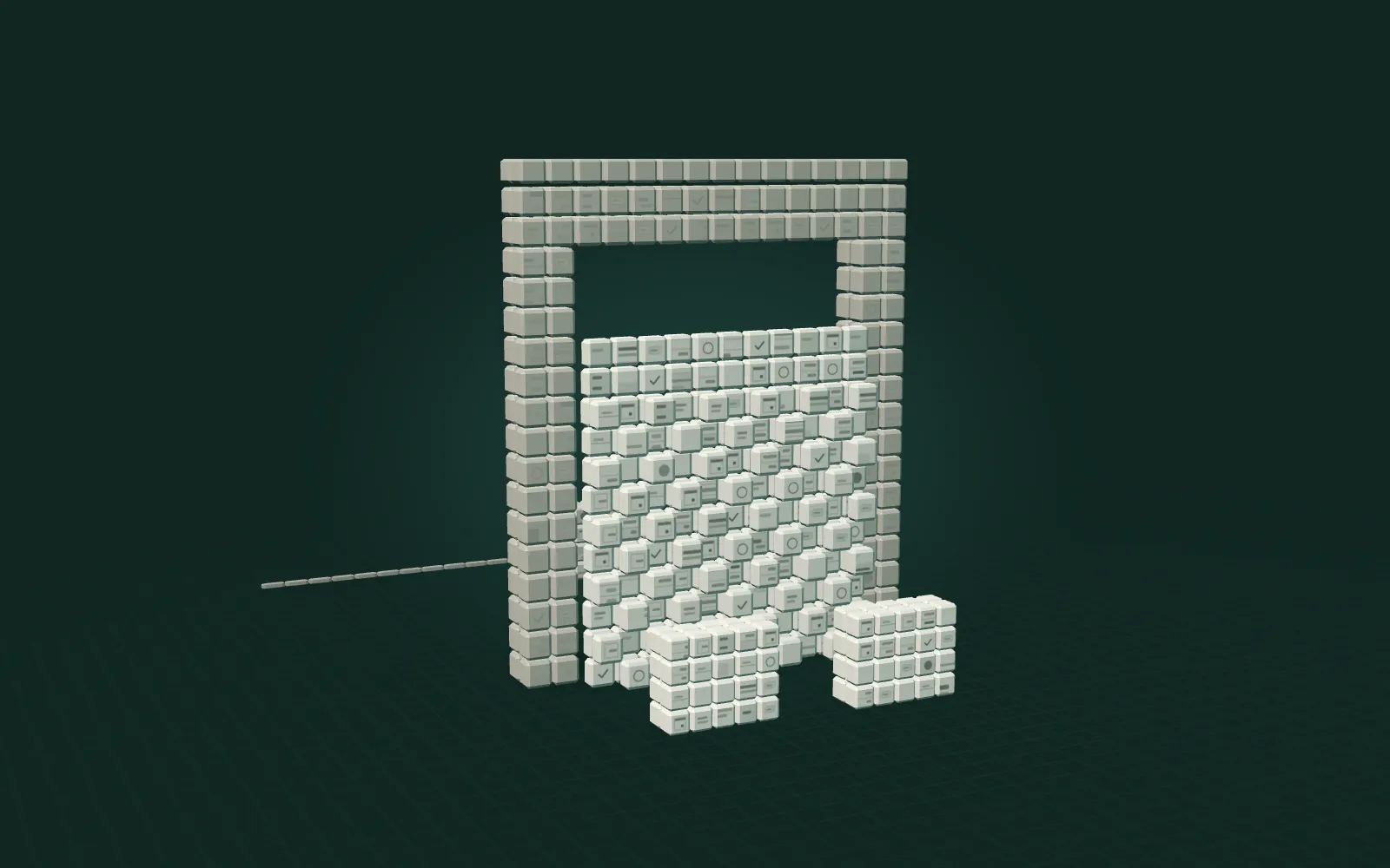 A tall gate of grey tiles. Two parcels of work wait in front of it with a wall of tiles pressed against the gate. A third parcel rests beyond it.