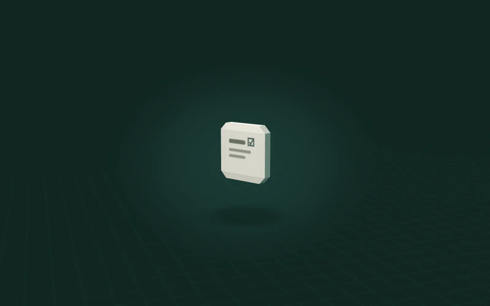 A single large paper tile standing on the floor, printed with a work card and a tick box.